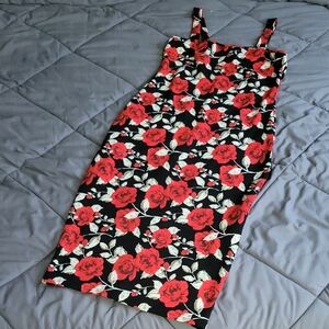 Red and Black Sleeveless Midi Sundress with Square Neck